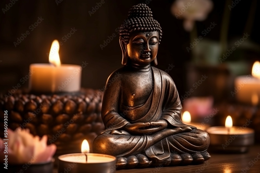 Buddha statue in meditation with lotus flower and burning candles. Meditation, spiritual health, peace, searching zen concept. AI generative