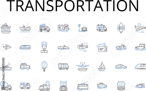 Transportation line icons collection. Commute, Transit, Travel, Conveyance, Carriage, Convoy, Haulage vector and linear illustration. Shipment,Freight,Transit system outline signs set