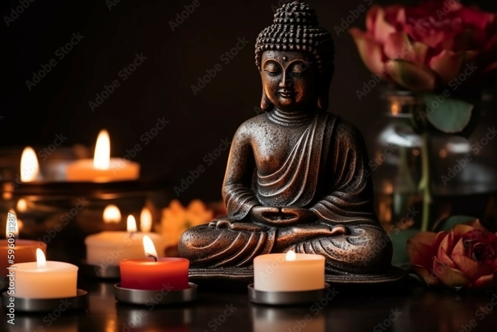 Fototapeta premium Buddha statue in meditation with lotus flower and burning candles. Meditation, spiritual health, peace, searching zen concept. AI generative