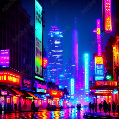 Futuristic and imaginary dark city at night. Shadows and silhouettes of people walking at night. Lots of neon lights. Big office buildings. Created with generative IA Technology (ID: 596093255)