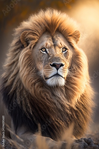 Porträt eines stolzen Löwen mit verschwommenen Hintergrund. Generativ KI © Marco