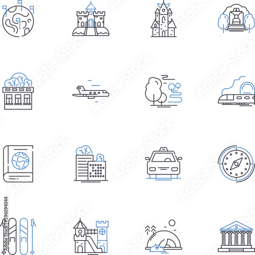 Worldwide wandering line icons collection. Adventure, Exploration, Wanderlust, Travel, Expedition, Discovery, Nomadism vector and linear illustration. Roaming,Odyssey,Sojourn outline signs set