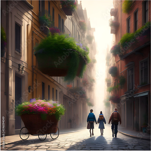 Imaginary green city with balconies full of flowers. Carriage with flowers and plants. Sunset light. Three people walking through european city. Created with generative IA Technology. (ID: 596094049)