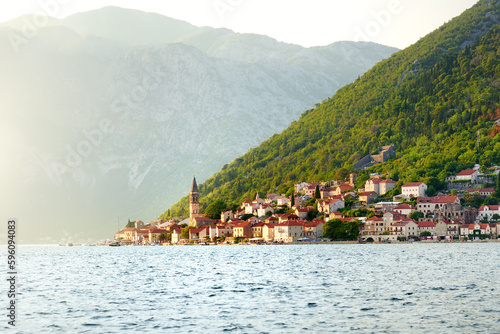 Breathtaking panoramic view of the ancient city of Perast, Montenegro. Old medieval little town with red roofs. Amazing Kotor bay on the coast of Adriatic sea. © Maria Sbytova