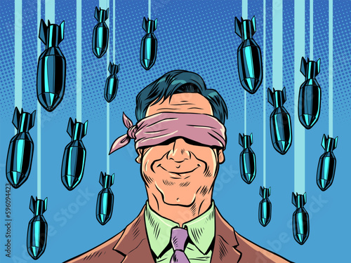 Blind politics concept. Military spending. War support. A man in a suit smiles with a bandage as shells fly around. Pop Art Retro