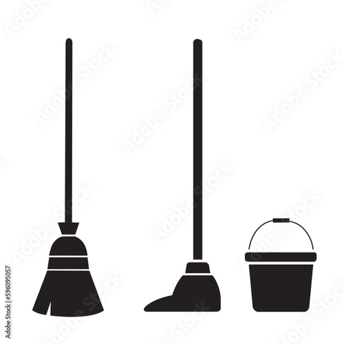 Icono de escoba, cepillo, cubo de agua. Vector