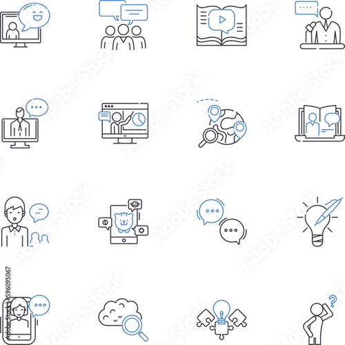 Scrutinizing and answers line icons collection. Investigate, Examine, Analyze, Inspect, Evaluate, Critique, Question vector and linear illustration. Interrogate,Probe,Research outline signs set