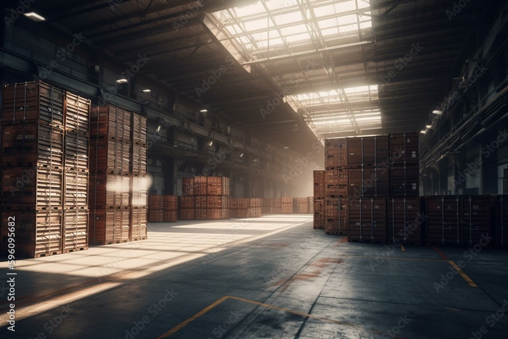 Empty container warehouse with boxes. Industrial logistics building for storage and transport. Concept: warehouse logistics. 3D. Generative AI