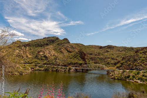 landscape with bridge on the Apache Trail, AZ 88, with bridge at Canyon Lake in the Tonto National Forest in Maricopa County Arizona photo