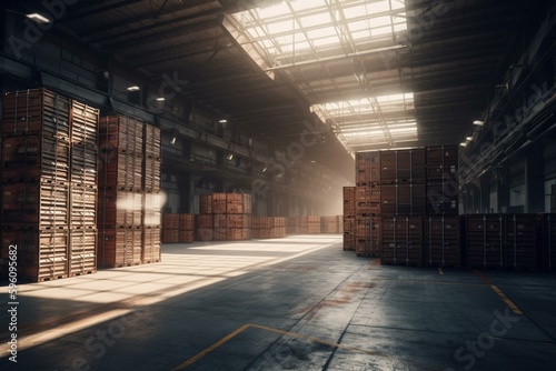 Empty container warehouse with boxes. Industrial logistics building for storage and transport. Concept: warehouse logistics. 3D. Generative AI