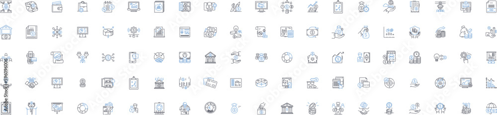 Accounting management line icons collection. Finance, Audit, Bookkeeping, Taxation, Analysis, Reporting, Budgeting vector and linear illustration. Forecasting,Reconciliation,Compliance outline signs