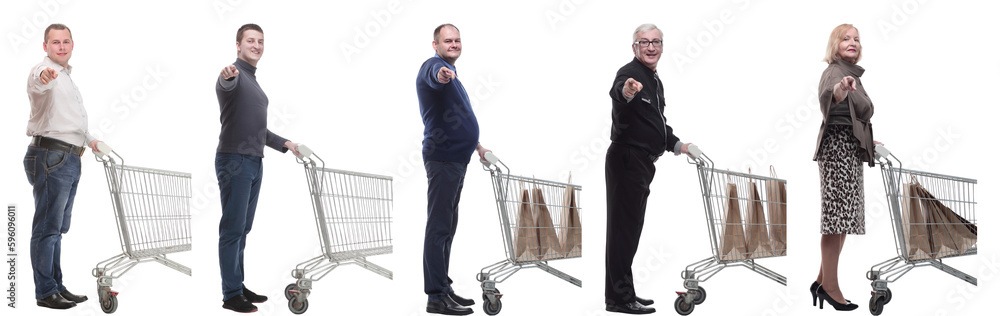 a group of people with a shopping cart point their finger at the camera a group of people with a shopping cart point their finger at the camera