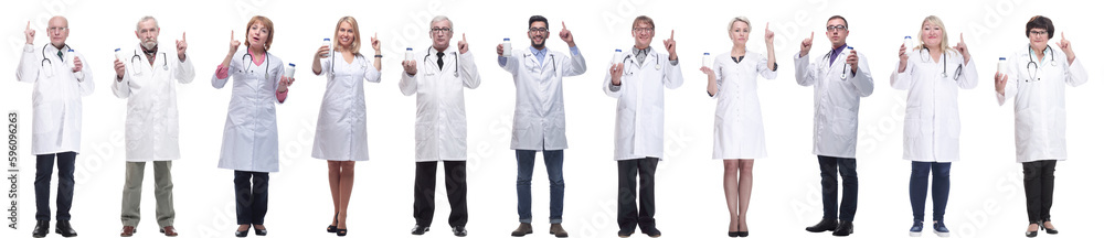 group of doctors holding jar isolated on white group of doctors holding jar isolated on white