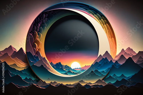Circular Visions conceptual art. Vibrant color flay lay landscape, sunset mountain, mysterious and abstract circle shaped portal element in the center of illustration. Made with Generative AI photo