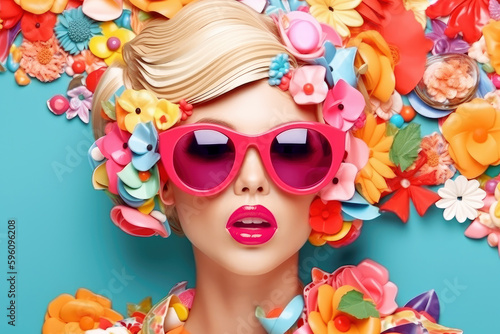 Fashion collage. Blonde fashion girl colorful flowers decoration. Generative AI