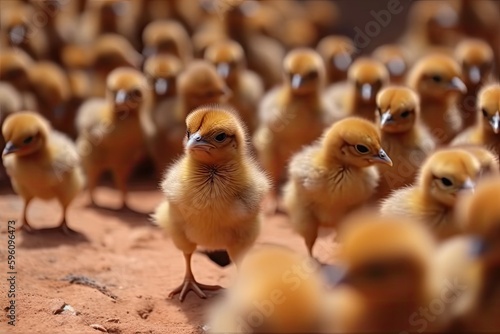 group of cute yellow baby chickens standing on a dirt field. Generative AI