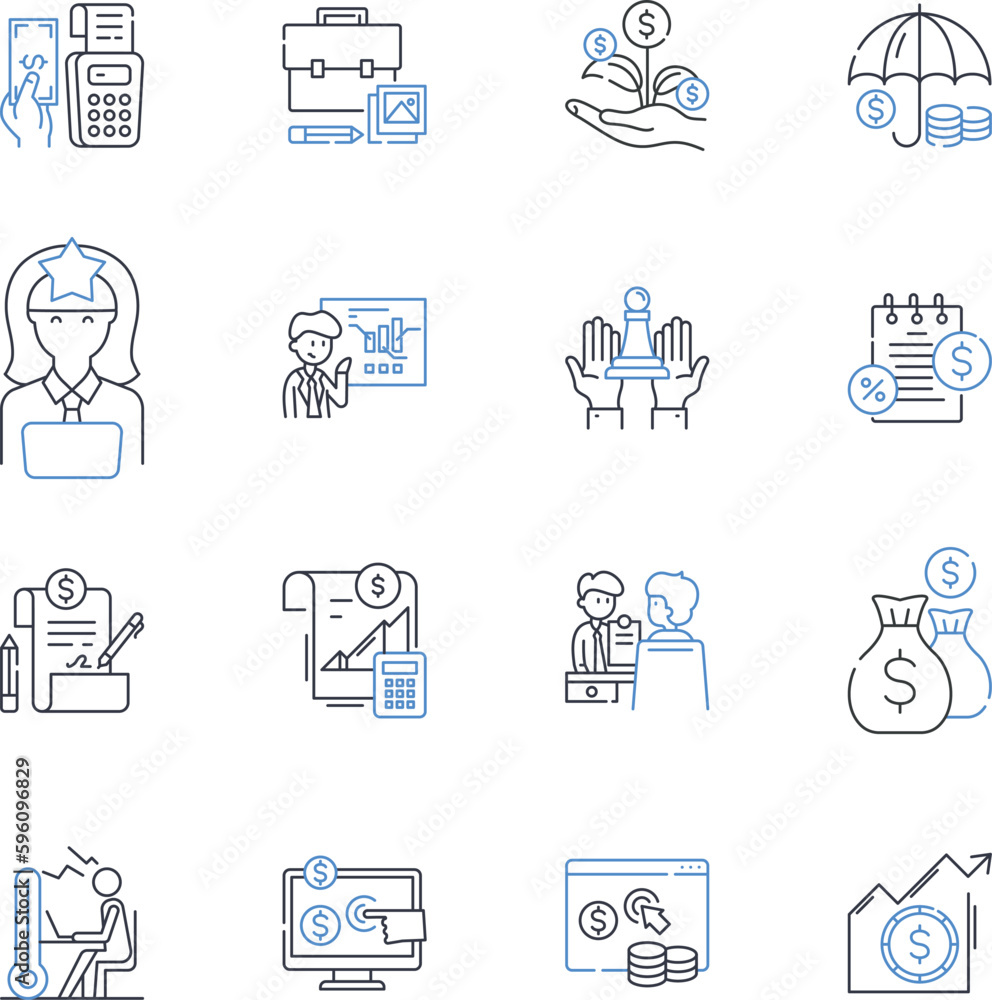 Payroll processing line icons collection. Wages, Overtime, Deductions, Taxes, Benefits, Salary, Gross Pay vector and linear illustration. Net Pay,Paystubs,Direct Deposit outline signs set
