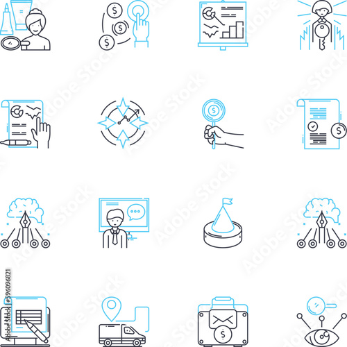 Fiscal discipline linear icons set. Budgeting, Saving, Planning, Responsibility, Control, Efficiency, Restriction line vector and concept signs. Moderation,Finances,Thrift outline illustrations