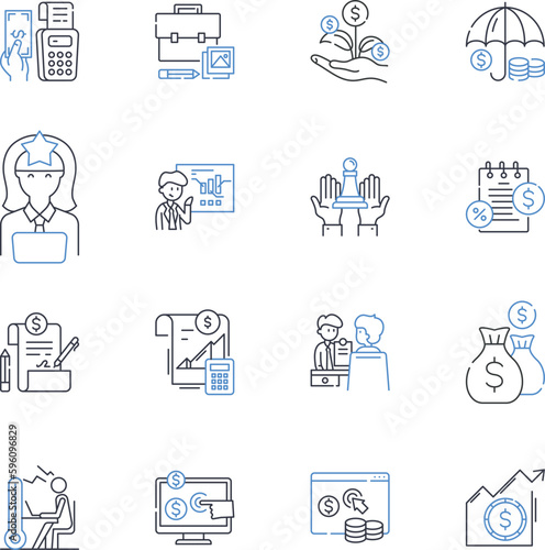 Payroll processing line icons collection. Wages, Overtime, Deductions, Taxes, Benefits, Salary, Gross Pay vector and linear illustration. Net Pay,Paystubs,Direct Deposit outline signs set