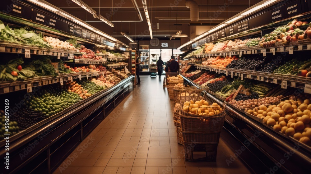 Interior view of a huge refrigerator in a grocery store .vegetables and fruits department. generative AI 