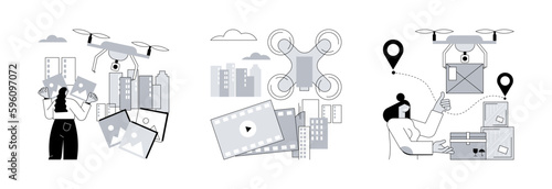 Drone service abstract concept vector illustration set. Aerial photography and videography, autonomous delivery, video production, commercial shooting, automated courier service abstract metaphor.