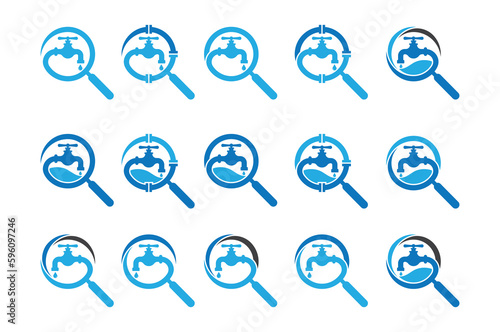 Water Faucet Find Search Plumbing Logo Concept sign icon symbol Design Element. Repair, Plumber, Tap, Plumbing Service Logotype. Vector illustration template