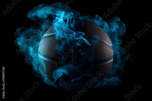 Neon blue basketball on black smoke background. Generative AI © Endellion