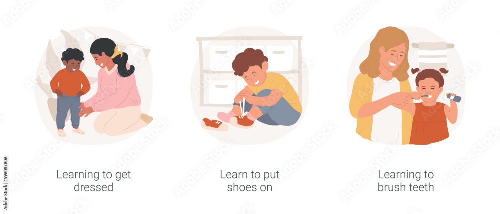 Toddler self-care isolated cartoon vector illustration set. Learning to get dressed and put shoes on, child brushes teeth, personal hygiene skills, early education, daycare center vector cartoon.