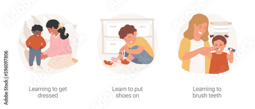 Toddler self-care isolated cartoon vector illustration set. Learning to get dressed and put shoes on, child brushes teeth, personal hygiene skills, early education, daycare center vector cartoon.