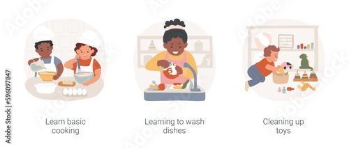 Toddler kindergarten activity isolated cartoon vector illustration set. Learn basic cooking, wash dishes, cleaning up toys, self-care skills, early childhood educational exercise vector cartoon.