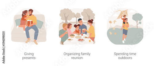 Fathers Day isolated cartoon vector illustration set. Daughter giving presents to dad, prepare surprise, organize family reunion, father and son spending time outdoors, celebration vector cartoon.