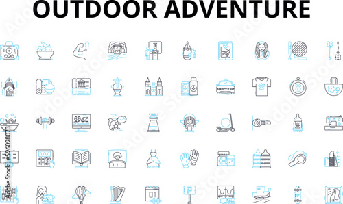 Outdoor adventure linear icons set. Hiking, Camping, Rafting, Zip-lining, Mountain biking, Climbing, Kayaking vector symbols and line concept signs. Hunting,Fishing,Safari illustration