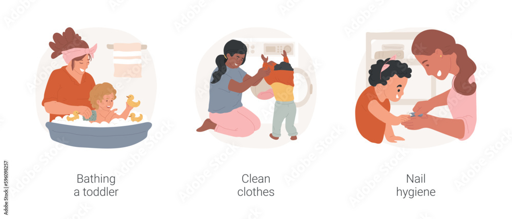 Toddler hygiene isolated cartoon vector illustration set. Smiling mom bathing a toddler, changing child clothes, doing laundry, toddler nail hygiene, cut kids nails, child manicure vector cartoon.