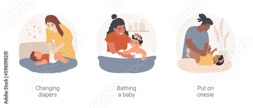 Baby hygiene isolated cartoon vector illustration set. Mom changing diaper, mother bathing a baby, daily washing, infant hygiene, father put on onesie on little child, newborn care vector cartoon.