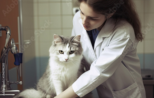 Veterinarian doctor examining cat at animal clinic, created with Generative AI