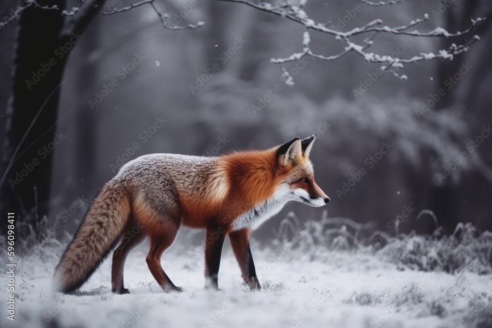 Fototapeta premium majestic red fox standing in a serene winter forest. Generative AI