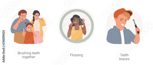 Teeth hygiene isolated cartoon vector illustration set. Happy family brushing teeth together, using floss, woman flossing in front of mirror, child with dental braces smiling vector cartoon.