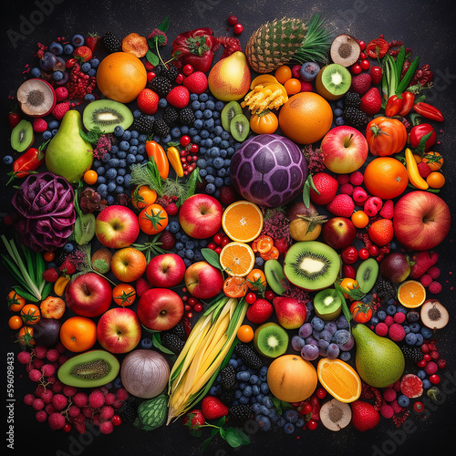 Vibrant fruits and vegetables in a group  made with generative AI