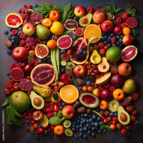 Vibrant fruits and vegetables in a group, made with generative AI