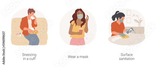 Sickness hygiene isolated cartoon vector illustration set. Sneezing in a cuff, use handkerchief, wear protective mouth mask, surface sanitation, wearing gloves, disinfection spray vector cartoon.