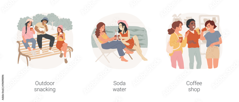 Takeaway food and drinks isolated cartoon vector illustration set. Group of teens and eating snack, drinking soda at poolside, lemonade, group of teenagers sitting at coffee shop vector cartoon. Takeaway food and drinks isolated cartoon vector illustration set. Group of teens and eating snack, drinking soda at poolside, lemonade, group of teenagers sitting at coffee shop vector cartoon.