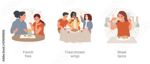 Teens eating out isolated cartoon vector illustration set. Grimacing and having fun with french fries, group of laughing teenagers, fried chicken wings, street tacos truck, snacking vector cartoon.