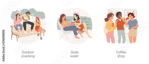 Takeaway food and drinks isolated cartoon vector illustration set. Group of teens and eating snack, drinking soda at poolside, lemonade, group of teenagers sitting at coffee shop vector cartoon. © Vector Juice