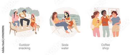Takeaway food and drinks isolated cartoon vector illustration set. Group of teens and eating snack, drinking soda at poolside, lemonade, group of teenagers sitting at coffee shop vector cartoon.