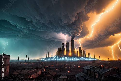 Power plant  chimneys with smoke and fire. Global warming  ecology and climate change concept. AI generated illustration