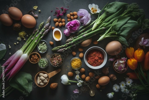 Wholesome ingredients for plant-based spring recipes. Generative AI