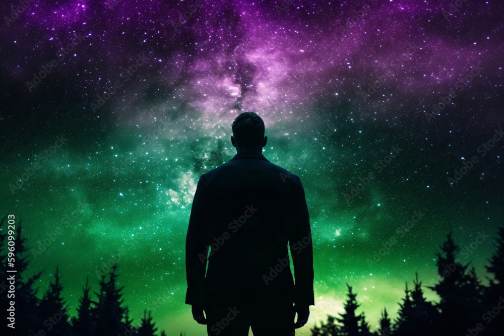 a tall young man standing in the forest looking at the stars created with Generative AI technology