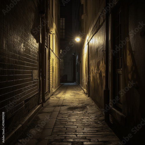 A dark alley with a single street lamp, made with generative AI
