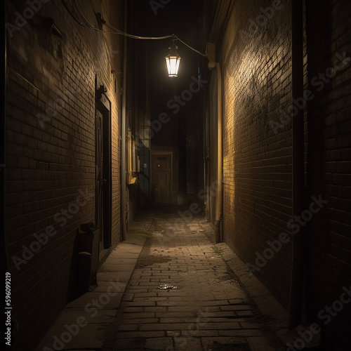 A dark alley with a single street lamp  made with generative AI