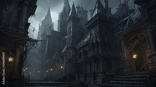 A dark gothic city with mist at night, made with generative AI